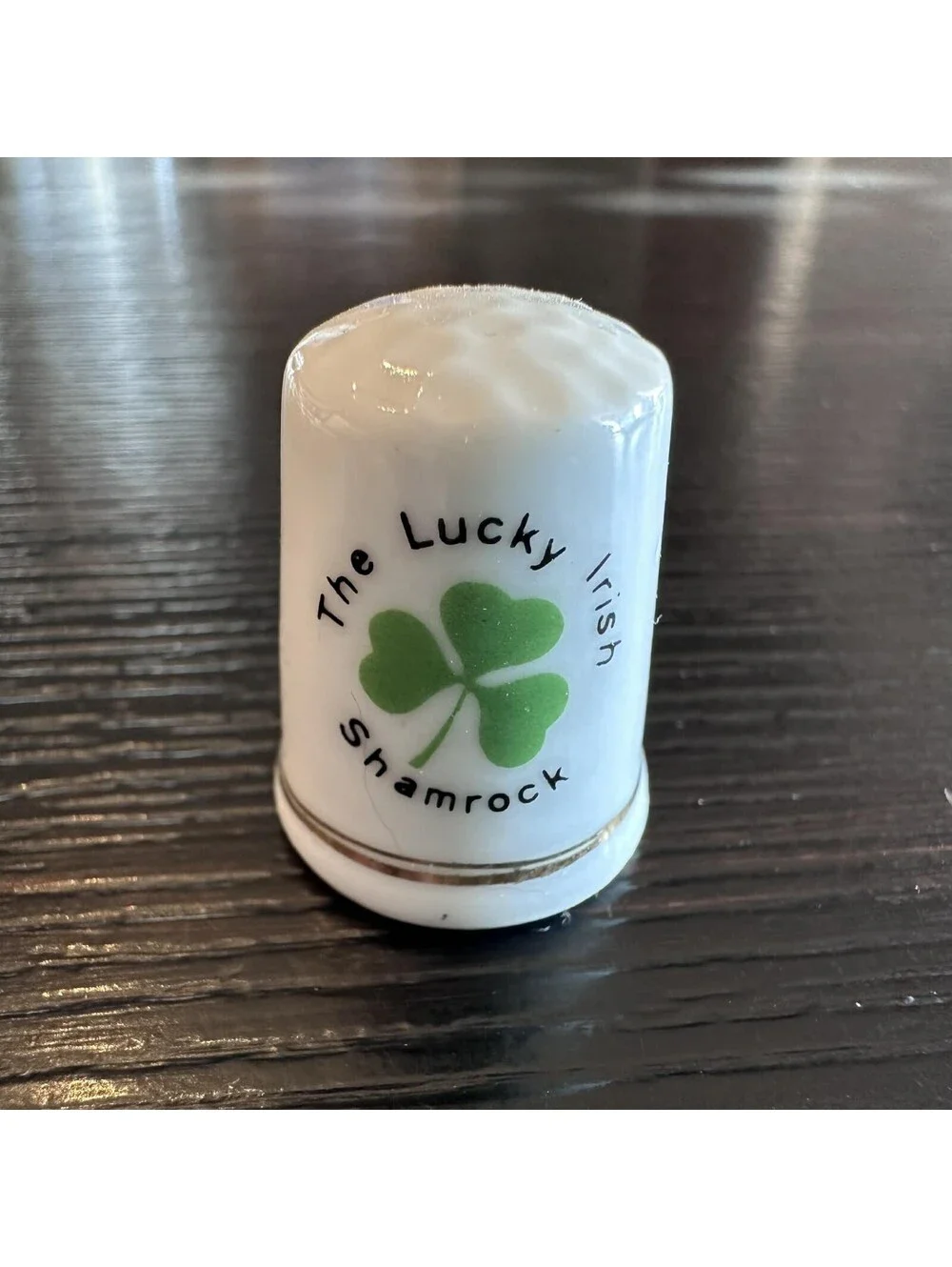 Vintage Irish Thimble The Lucky Irish Shamrock Clover Gold Trim Ceramic EUC